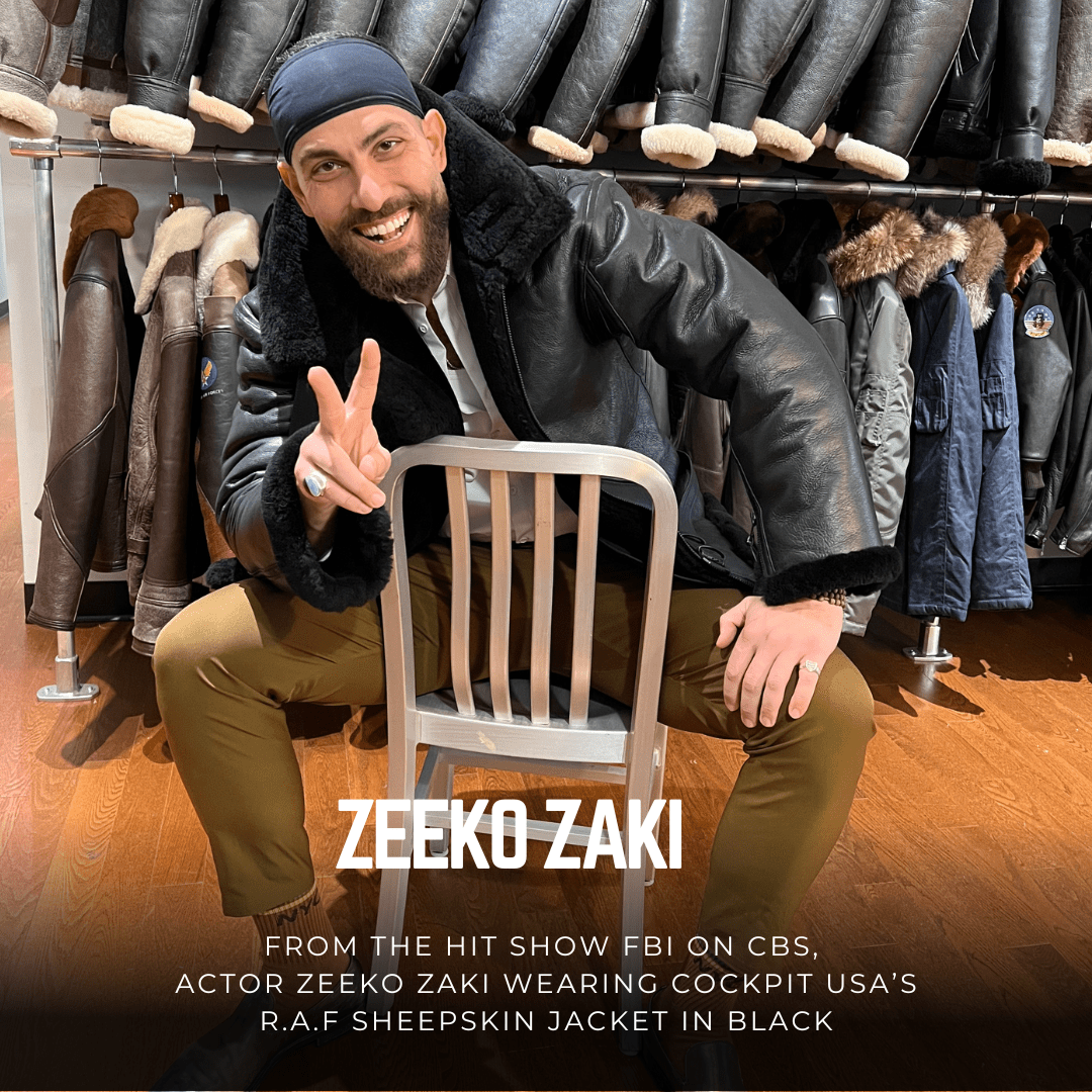 FBI's Zeeko Zaki wearing Cockpit USA's R.A.F Sheepskin Jacket in black! - Cockpit USA