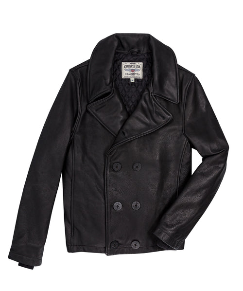 Naval Short Leather Peacoat Z21U025 in Black