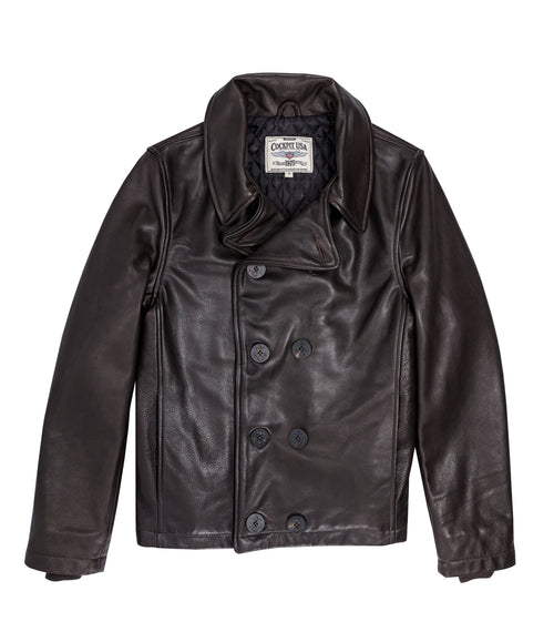 Naval Short Leather Peacoat Z21U025 in Brown