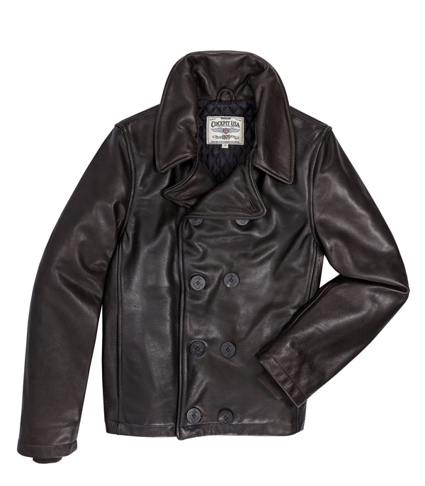 Naval Short Leather Peacoat Z21U025 in Brown