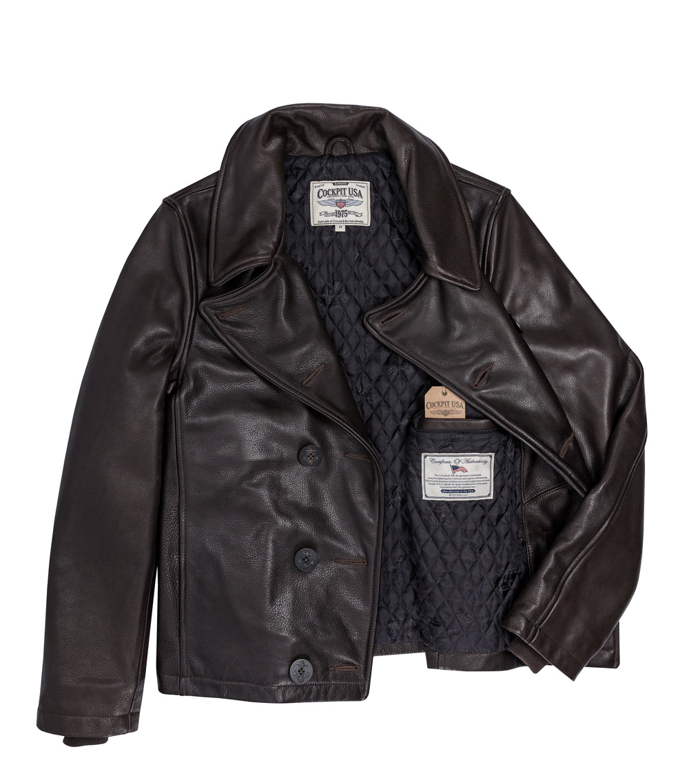 Naval Short Leather Peacoat Z21U025 in Brown