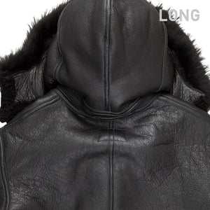 All Black B-3 Hooded Sheepskin Bomber Jacket Long Z203615BL - Cockpit USA Men