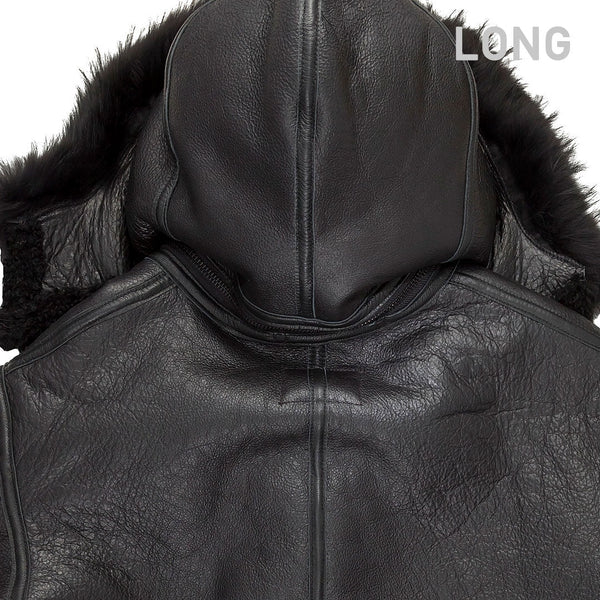 All Black B-3 Hooded Sheepskin Bomber Jacket Long Z203615BL - Cockpit USA Men