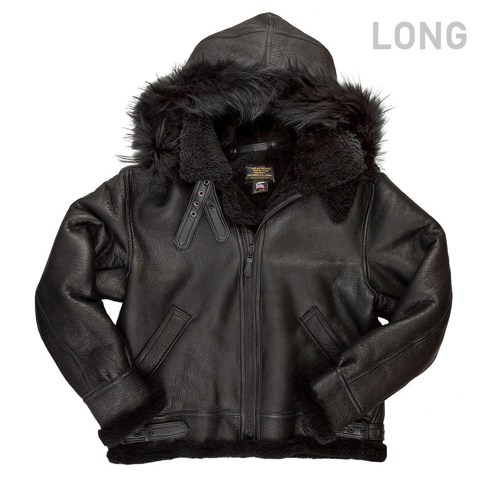 All Black B-3 Hooded Sheepskin Bomber Jacket Long Z203615BL - Cockpit USA Men
