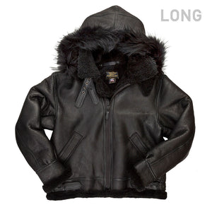 All Black B-3 Hooded Sheepskin Bomber Jacket Long Z203615BL - Cockpit USA Men