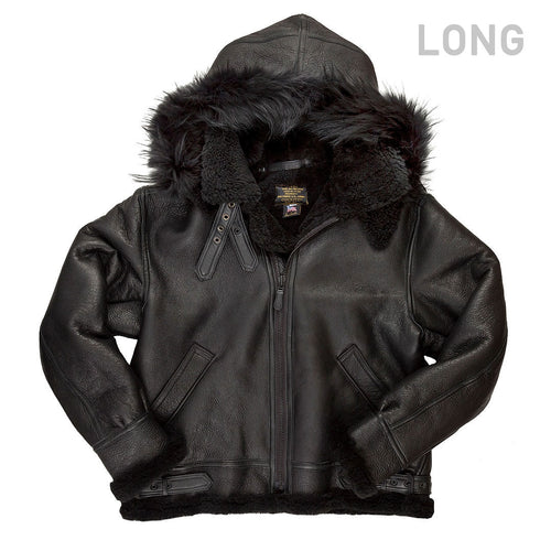 All Black B-3 Hooded Sheepskin Bomber Jacket Long Z203615BL - Cockpit USA Men