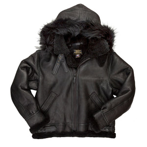 All Black B-3 Hooded Sheepskin Bomber Jacket Z203615B - Cockpit USA Men