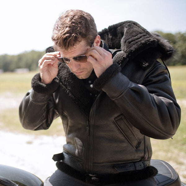 All Black B-3 Hooded Sheepskin Bomber Jacket Z203615B - Cockpit USA Men