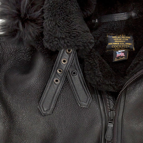 All Black B-3 Hooded Sheepskin Bomber Jacket Z203615B - Cockpit USA Men