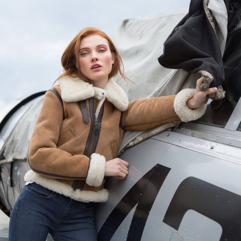 Women's B-3 Suede Bomber Jacket in Tan W72N200 - Cockpit USA Women